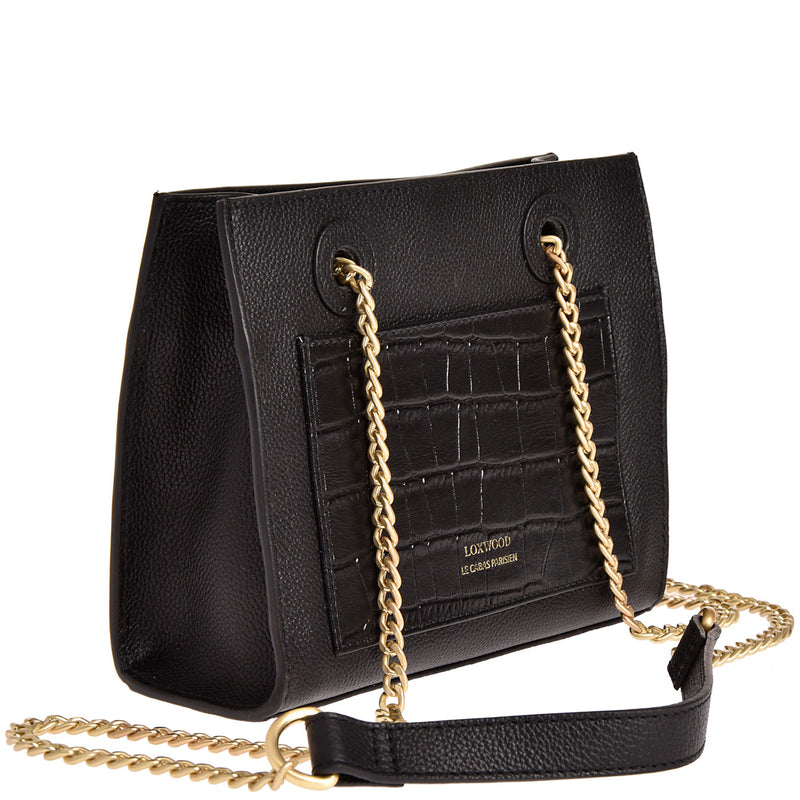 BABY JO - Mini grained leather bag with crocodile print pocket and chains