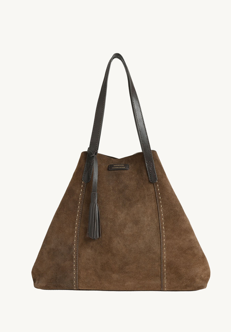 ODÉON - Grand cabas cuir velours piqué main couleur Chocolat