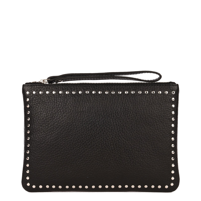 Large studded zipped POUCH in grained leather