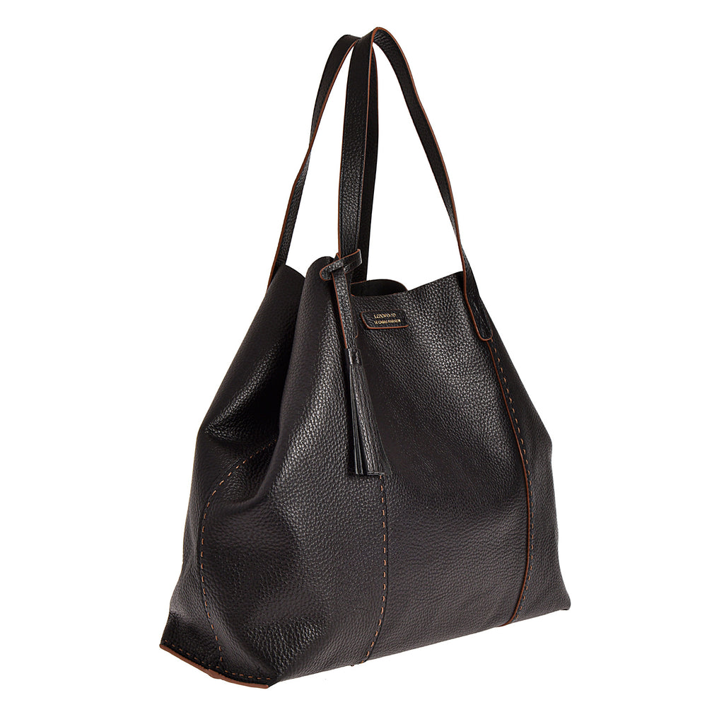 ODEON - Soft tote bag in contrasting hand-stitched grained leather