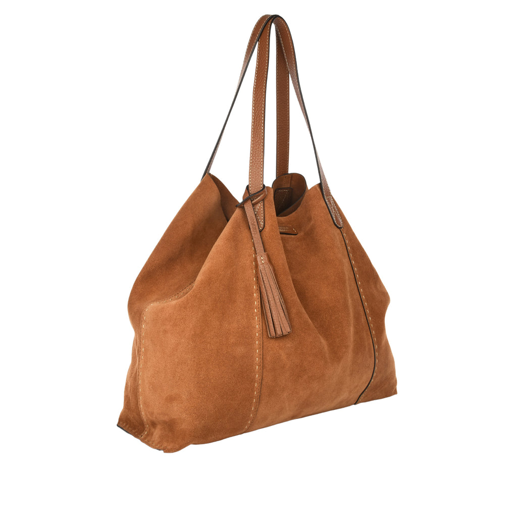 ODEON - Soft suede tote bag decorated with contrasting hand stitching